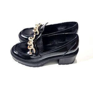 Guess Womens Block Heels Gold Chain Platform Shoes Black Sz 7.5 M